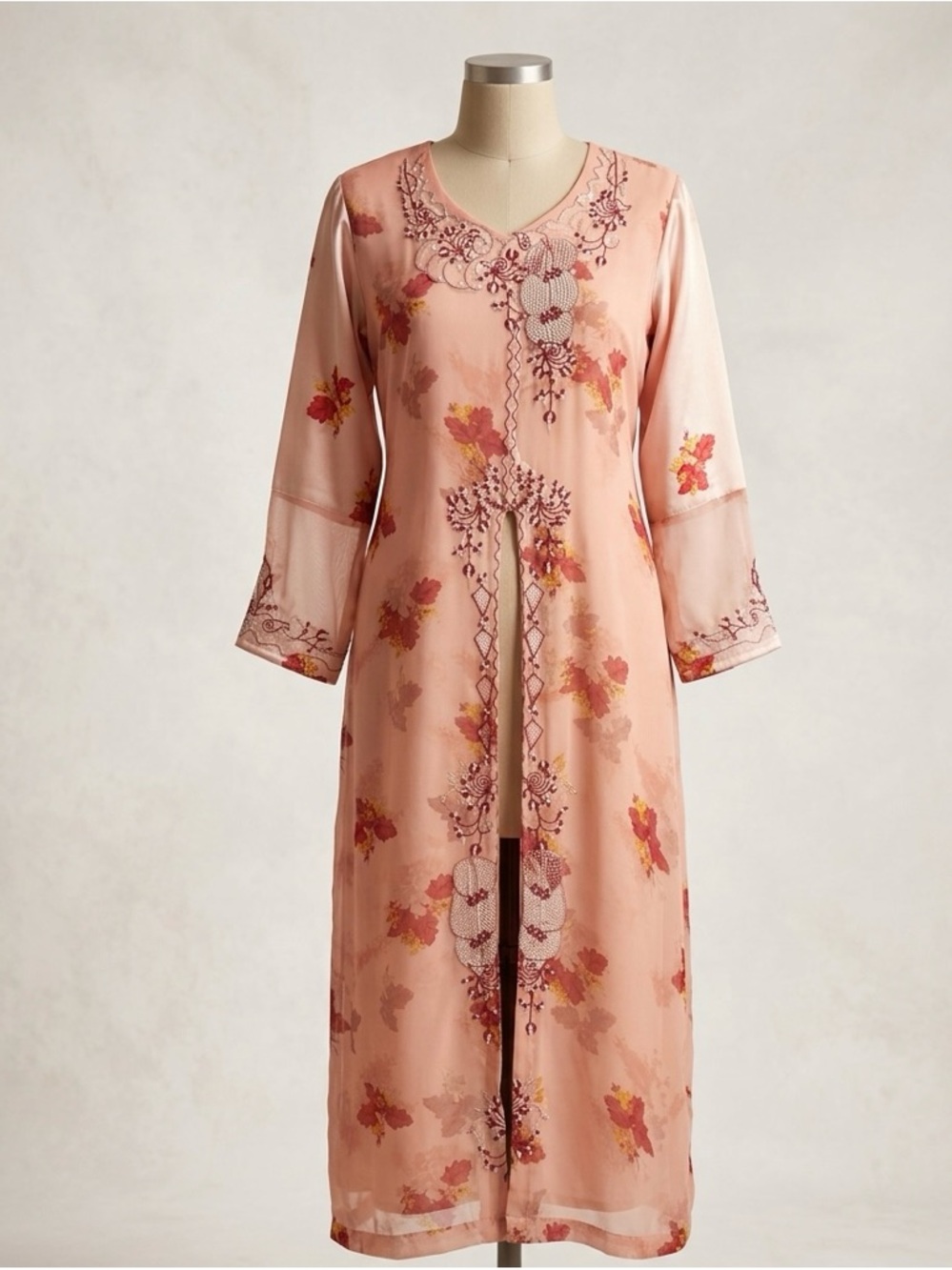 Women's Peach Floral Embroidered Long Kaftan